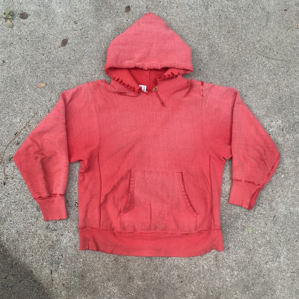 Vintage 70s 80 Champion Hoodie Red Salmon Faded Distressed M/L Reverse Weave